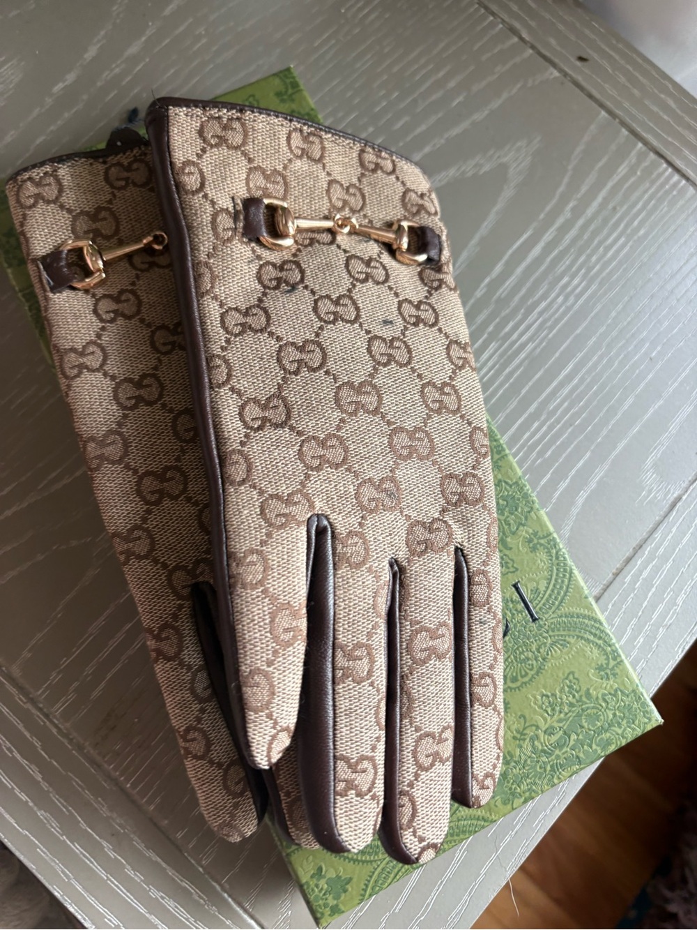 FASHION Monogram Beige Brown Leather like Trim Gloves - Picture 7 of 7